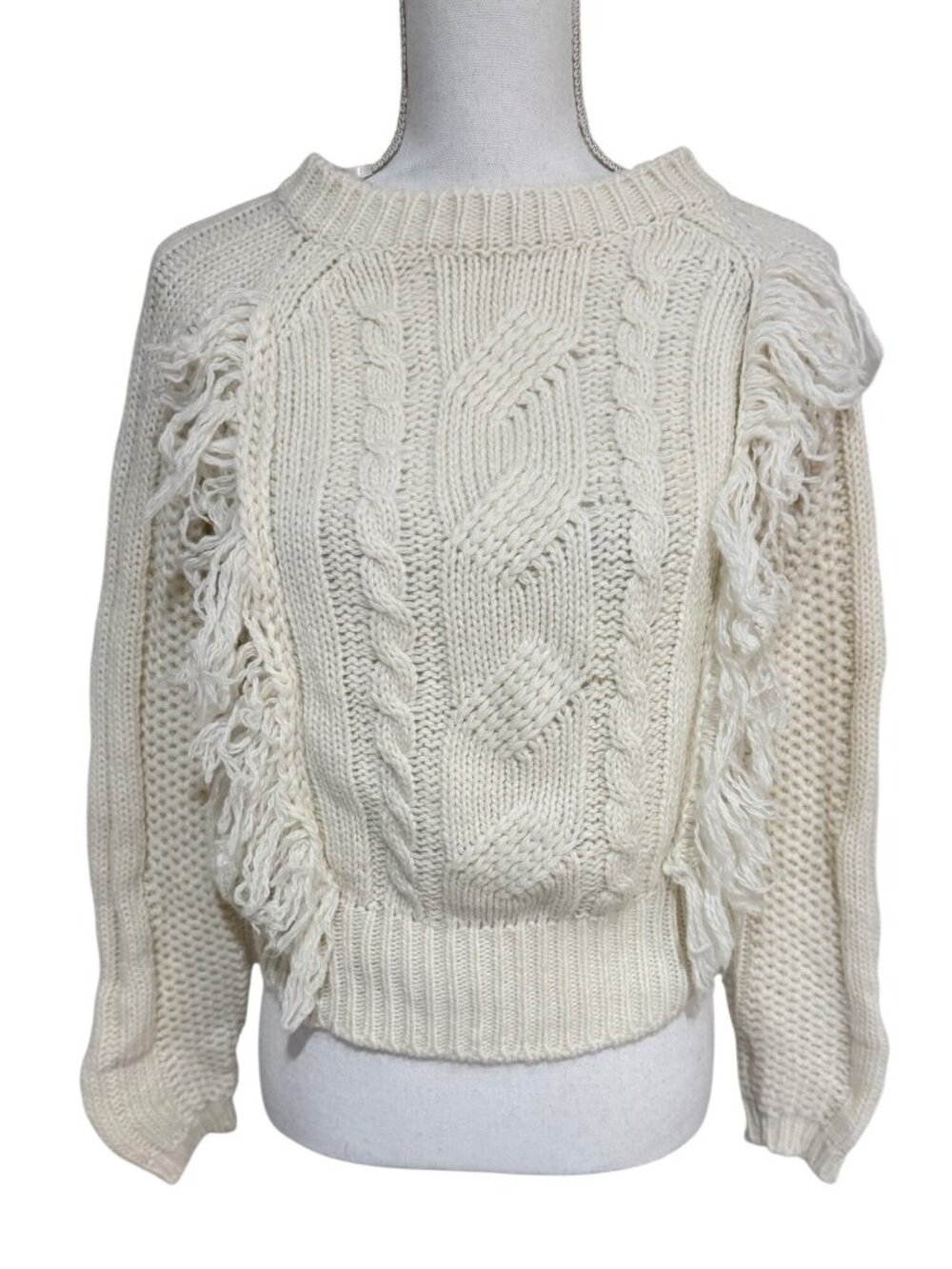 Elsamanda Sweater Womens Size Small Ivory Fringe LS Wool Blend Made in Italy
